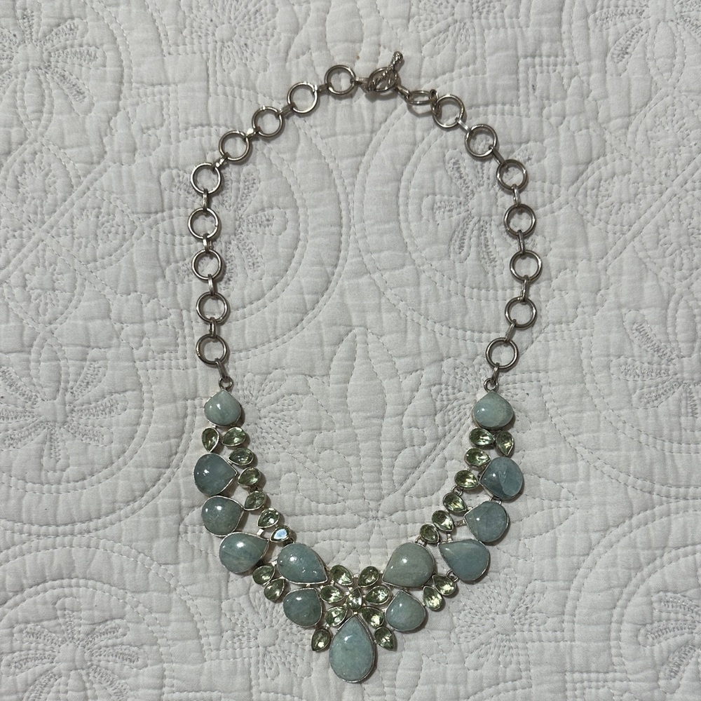Elegant Silver Blue and Green Statement Necklace